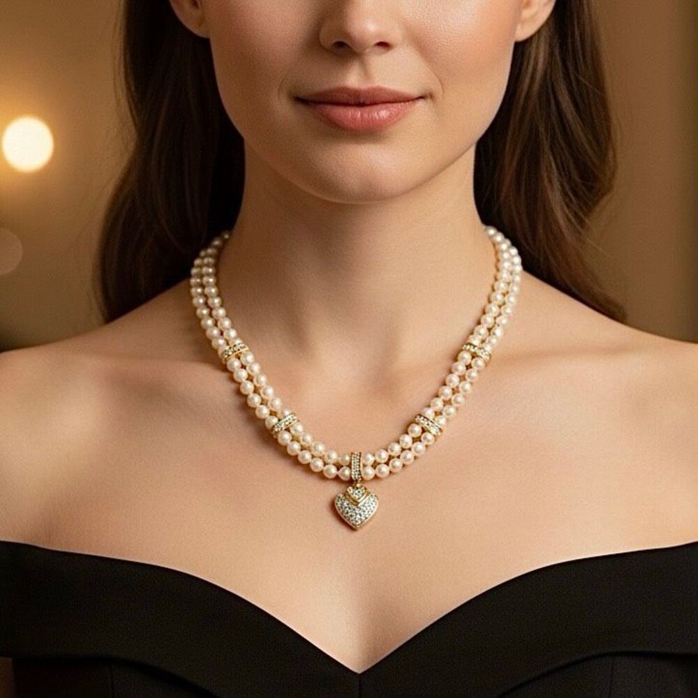 Faux Ivory Pearl and Pave’ Rhinestone Double Strand Necklace - Picture 2 of 5